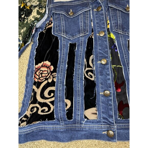 JOHN MARK Velvet Burnout Cut Out Patchwork Sheer Denim Jacket Boho Goth Fairy S - Picture 4 of 11